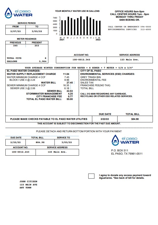 USA Texas El Paso Water utility bill template in Word and PDF format